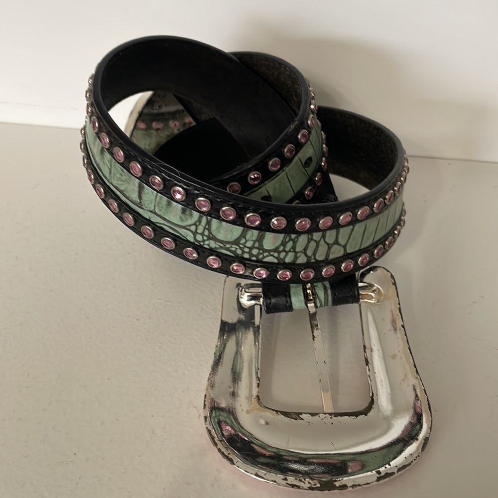 Woman’s Leather Belt Pink Rhinestone Silver color Buckle Cowgirl Country - Picture 2 of 12